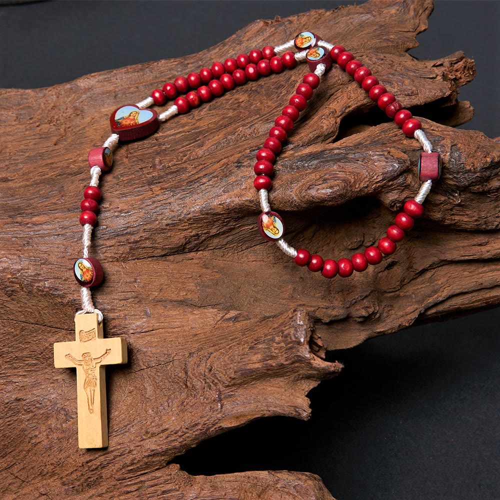 Christian Art Wine Red Wooden Beads Cross Virgin Mary Hand Held Rosary