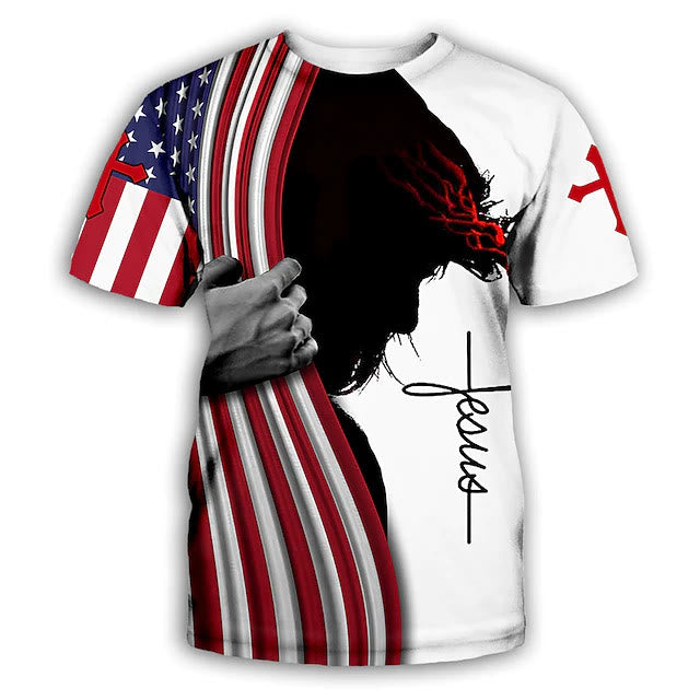 Christianartworkshop Summer Thin Style Jesus & USA Short Sleeve Washed T-shirt