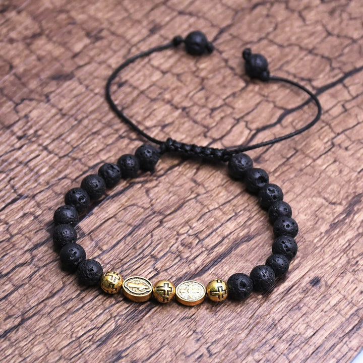 Volcanic Stone Beads St. Benedict Icon Wrist Chain Bracelet