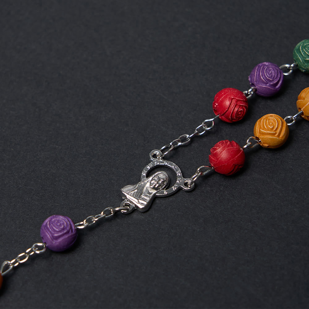 Christianartworkshop Our Lady of Guadalupe & Crucifix of 8 mm Rose Multicolor Resin Alloy Chain Rosary