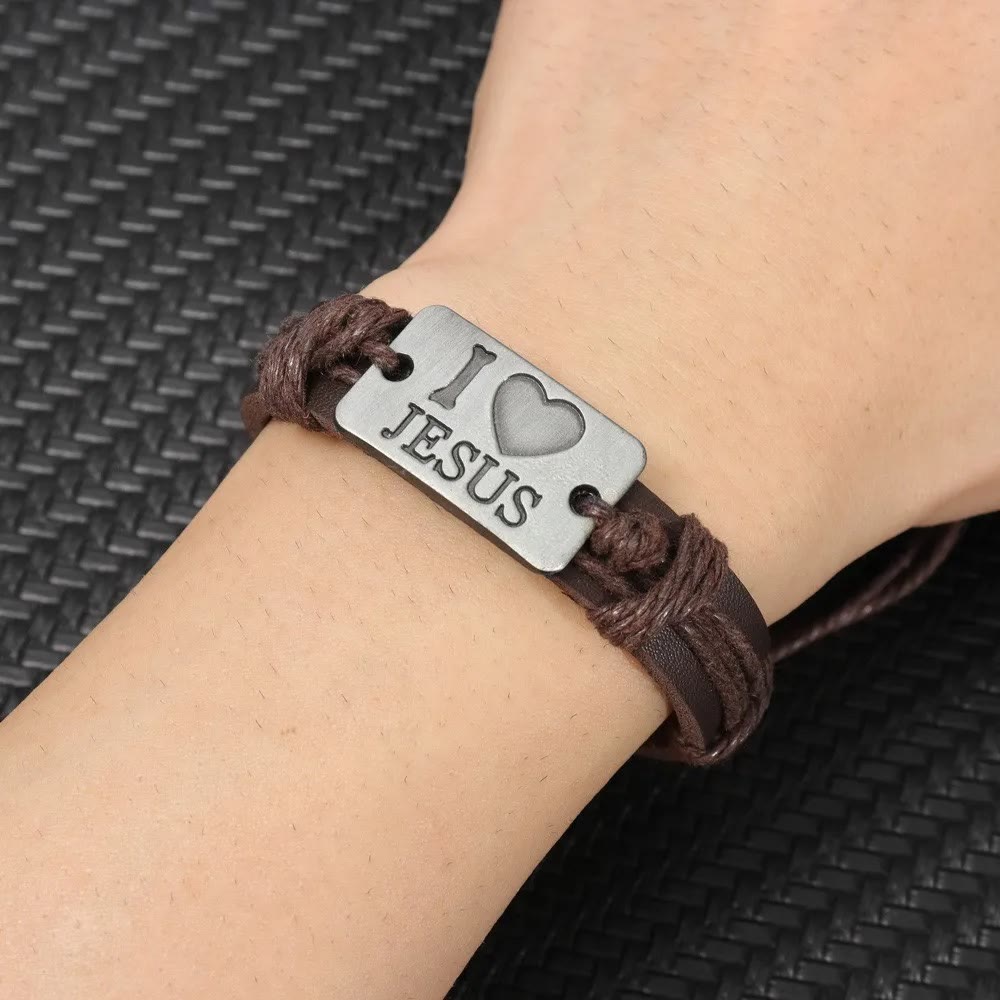 "I Love Jesus" Christian Jewelry Cross Adjustable Leather Bracelet