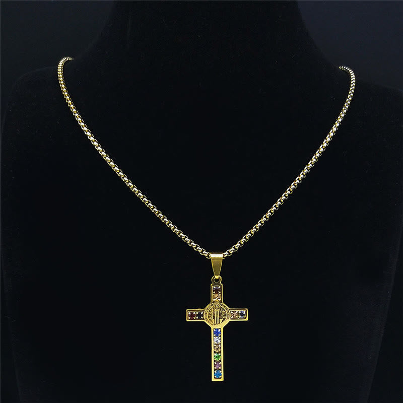 Saint Benedict Cross Mix Bible 12 Crystal Necklace