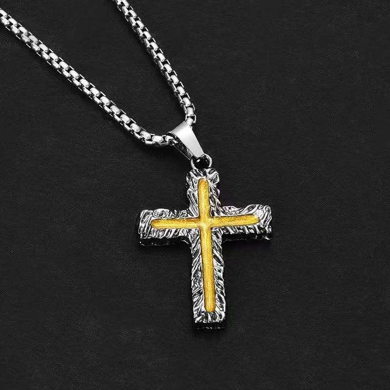 Christian Art Minimalist Style Silver-golden Lava Cross Pendant Necklace