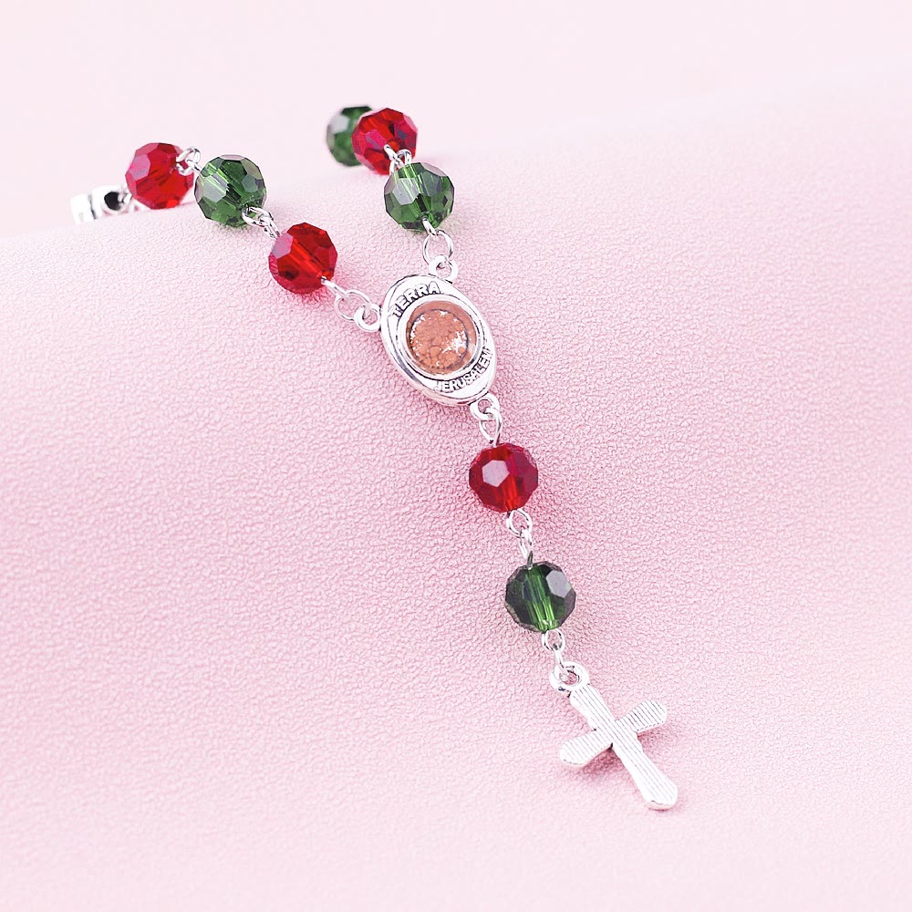 Virgin Mary Red & Green Crystal Rosary Bracelet