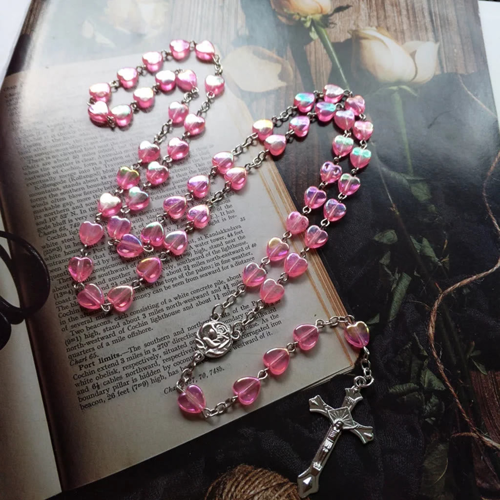 Pink Clear Shiny Heart Prayer Rosary