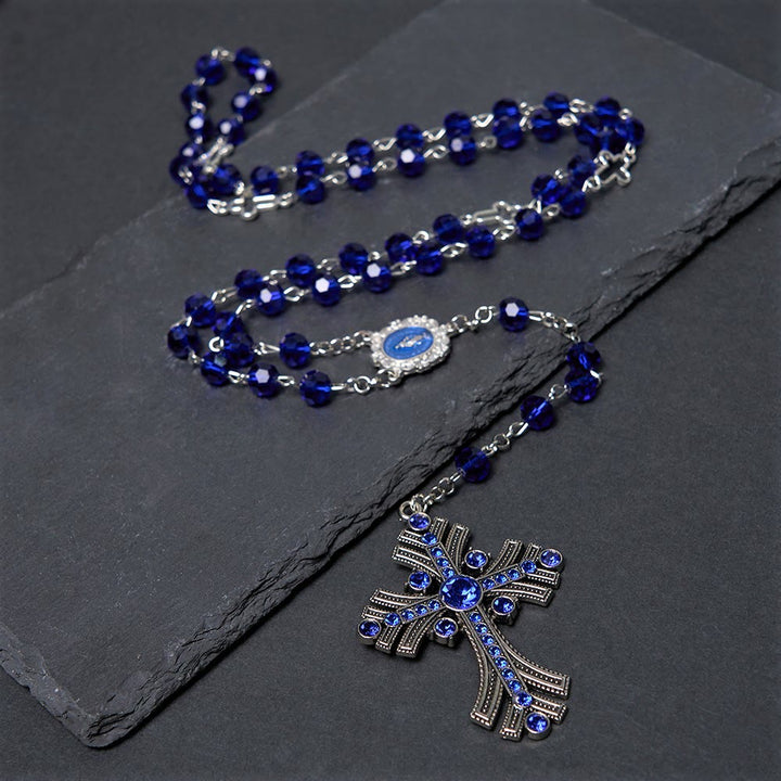 Christian Art Miraculous Medal & Cross of 8 mm Polyhedron Blue Crystal Alloy Chain Rosary