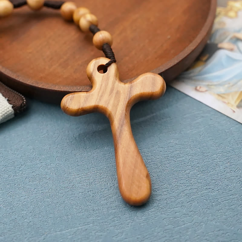 Handmade Polished Olive Wood Cross Car Rosary