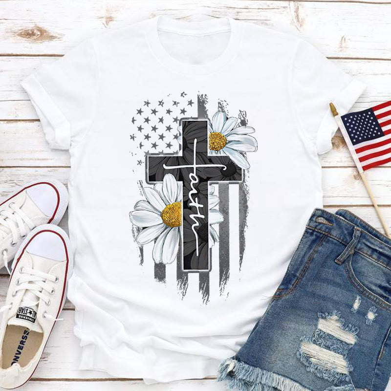 Christianartworkshop Fresh Style Heavenly Jesus Cross American Sunflower Short Sleeve Washed T-shirt