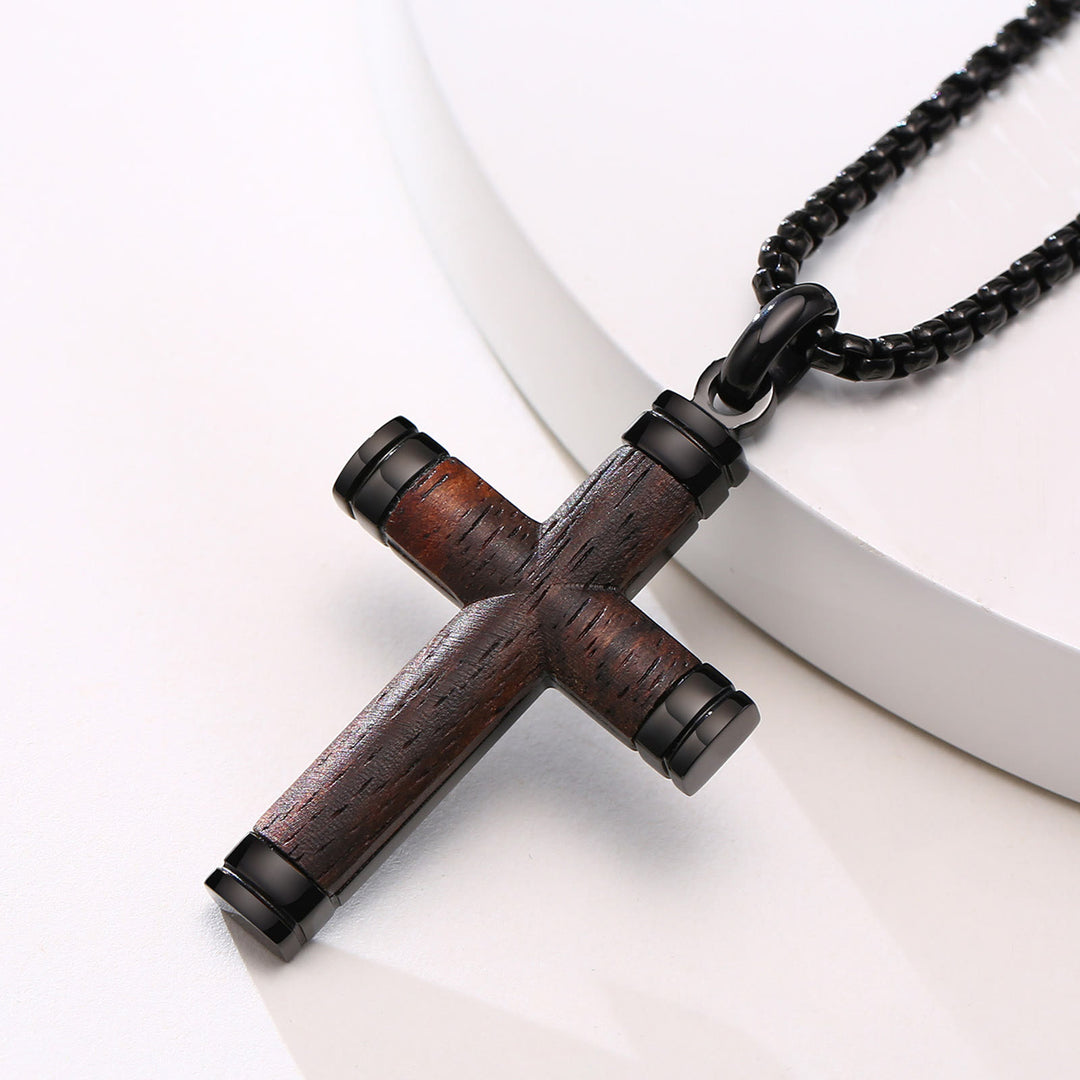 Pearwood Wooden Cross Pendant Titanium Necklace