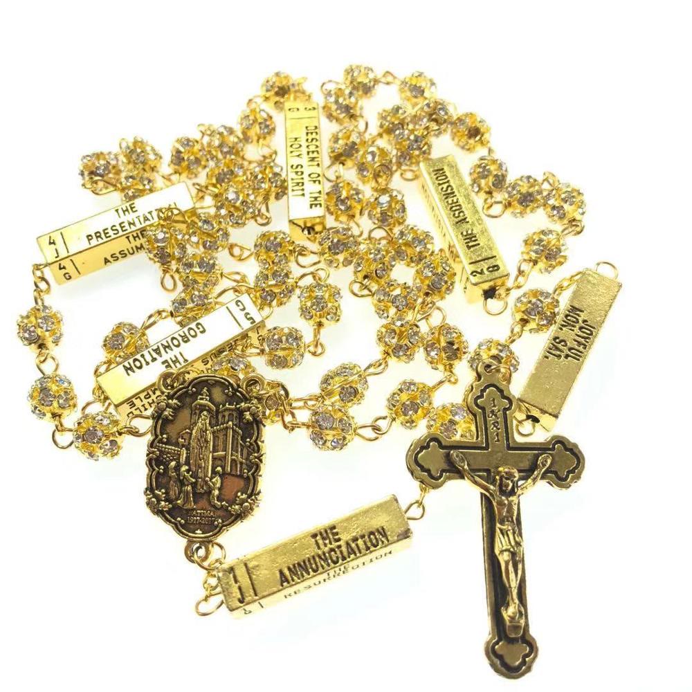 Discount Today: Christian Art Our Lady of Fátima & Crucifix of 8 mm Round Golden Metal Gems Alloy Chain Rosary