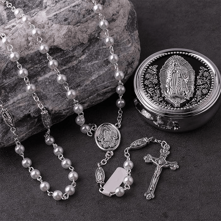 Catholic Our Lady of Guadalupe White Beads Rosary