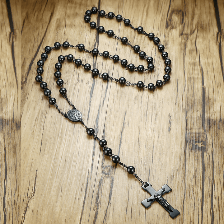 Christian Art Our Lady of Grace & Crucifix of 8 mm Round Black Steel Ball Alloy Chain Rosary