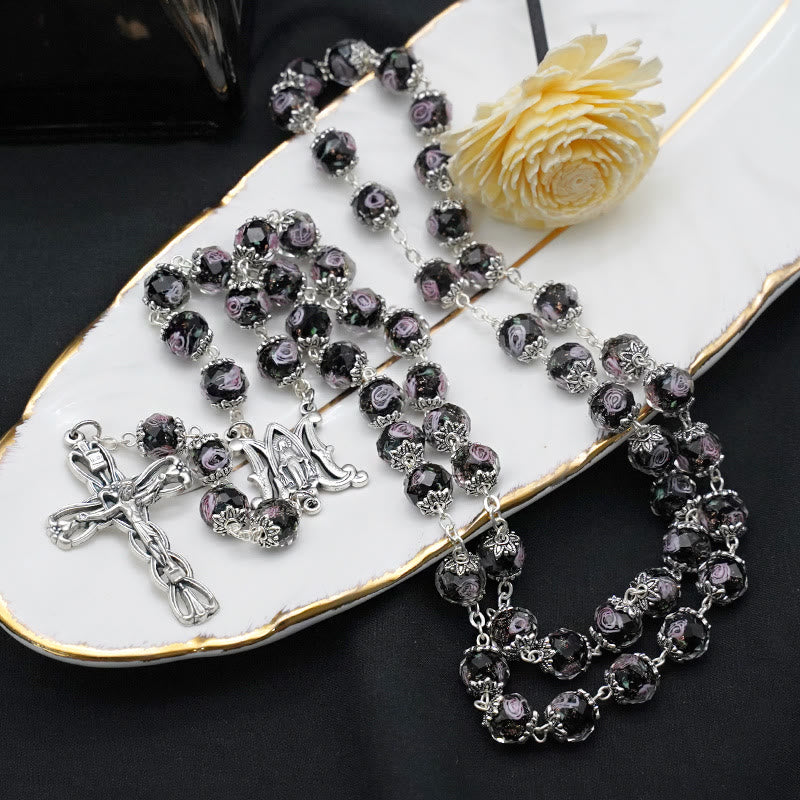 Glazed Crystal Rose Flower Beads Rosary