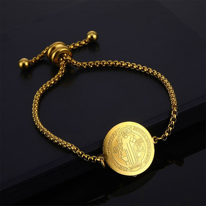 St. Benedict Engraved Medal Christian Adjustable Bracelet