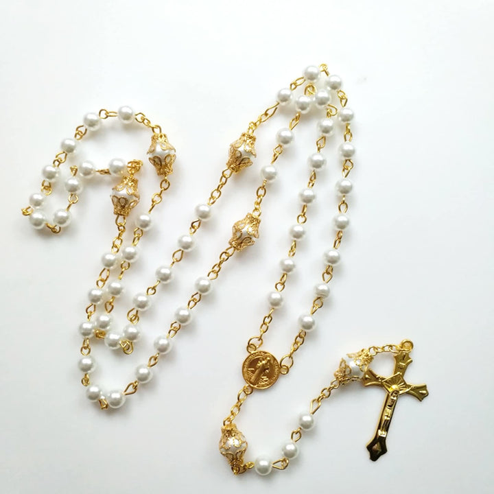 Discount Today: St. Benedict Medal & Crucifix of 6 mm Round White Pearl Alloy Chain Rosary