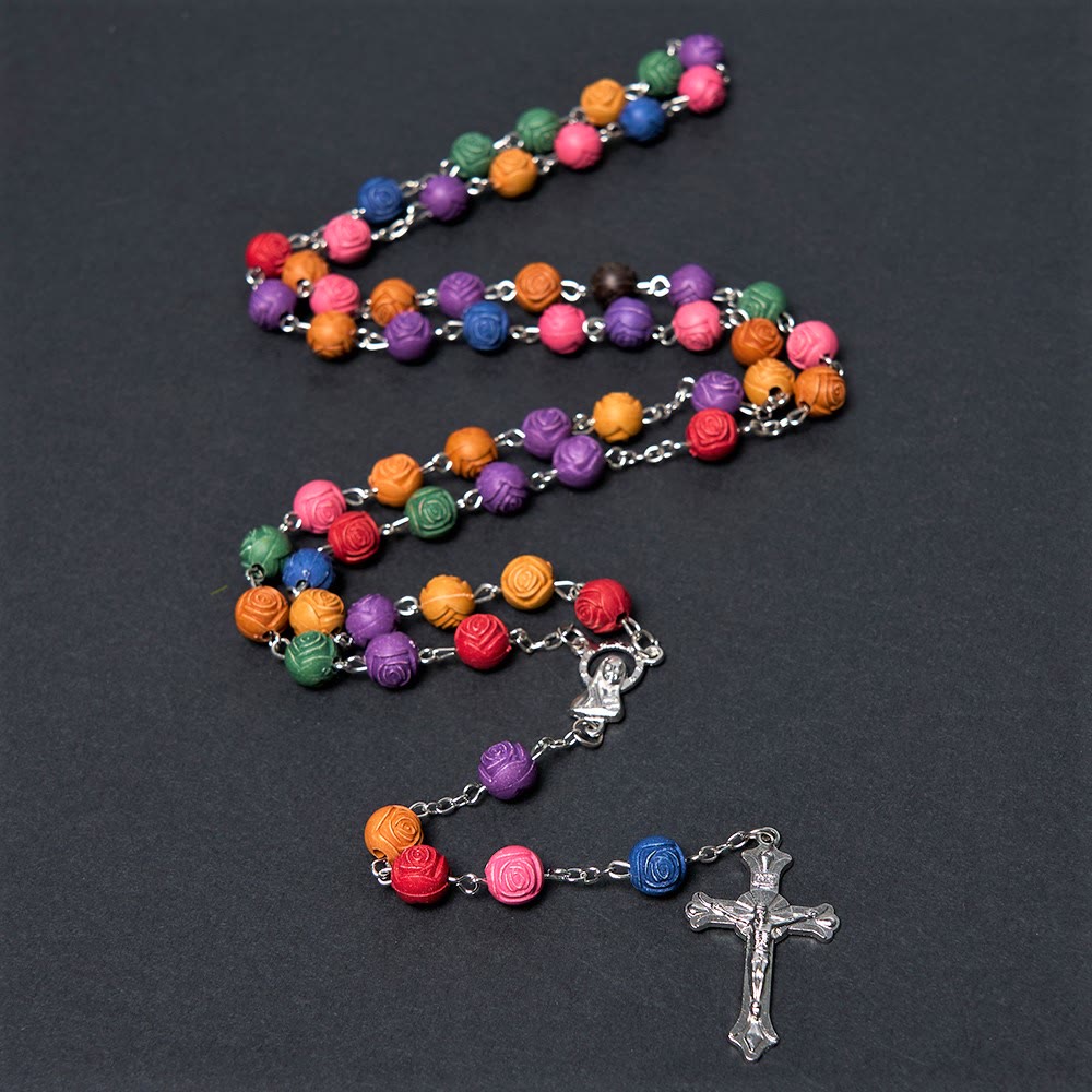 Christianartworkshop Our Lady of Guadalupe & Crucifix of 8 mm Rose Multicolor Resin Alloy Chain Rosary