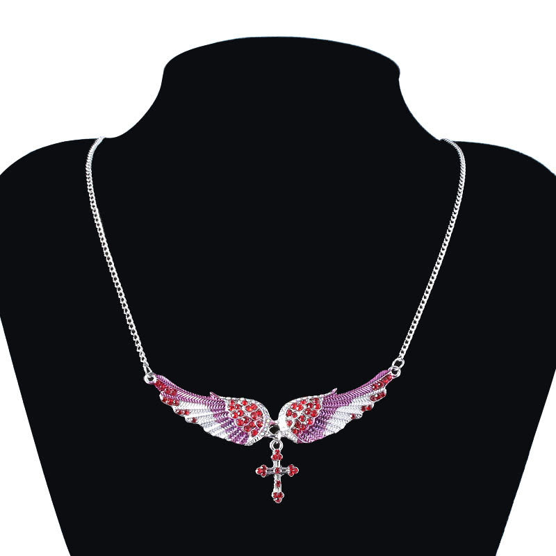 3 Color Angel Wings Cross Shiny Stone Necklace