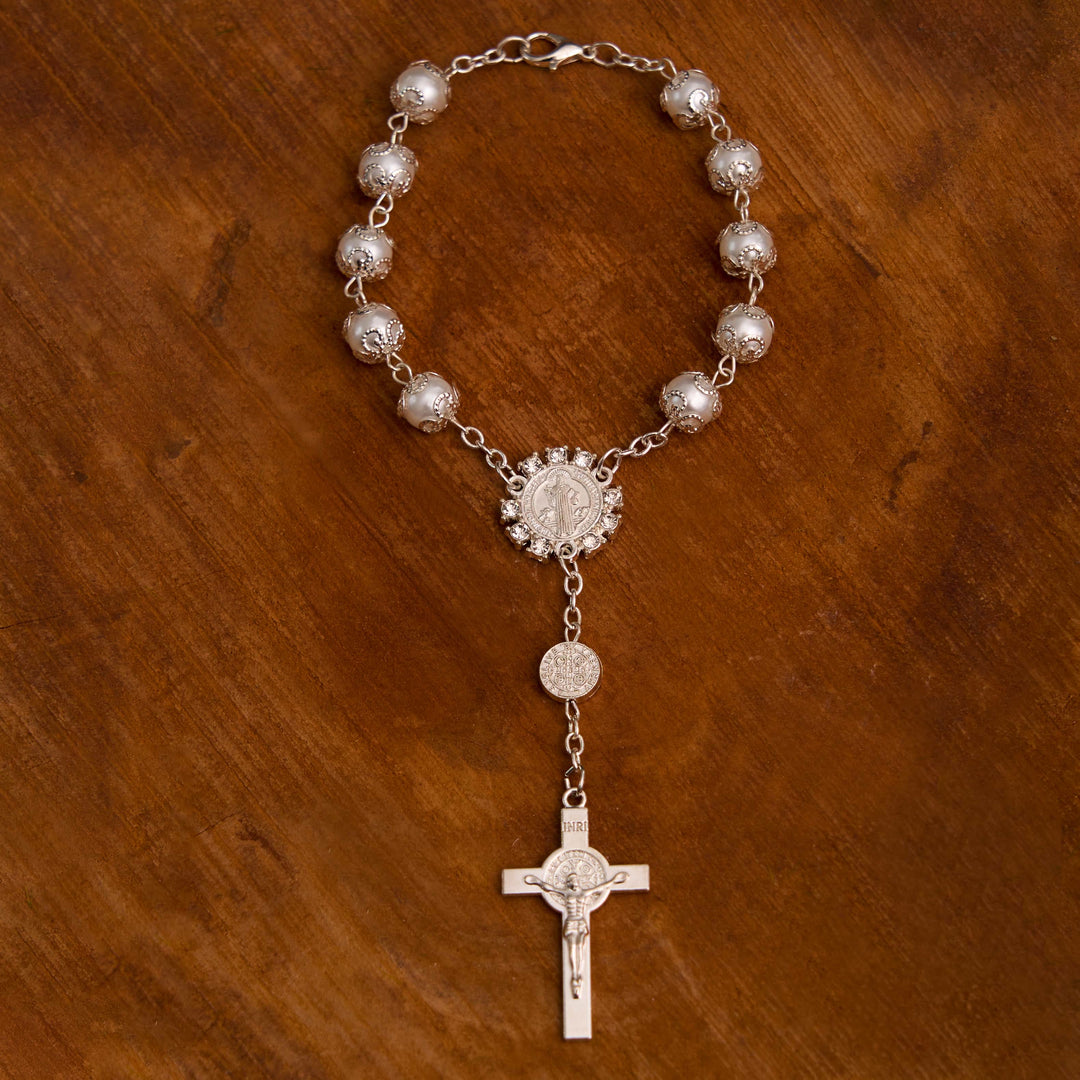 Christian Glass Beads St. Benedict & Jesus Cross Bracelet Rosary