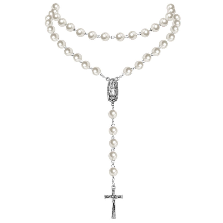 Virgin Mary Medal & Crucifix Pendant Pearl Necklace (4 colors for choice)