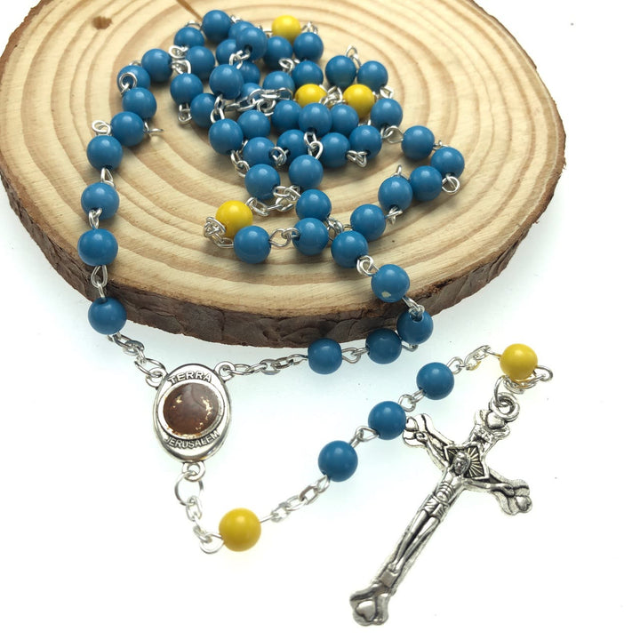 Christian Art Madonna and Child & Crucifix of 6 mm Round Blue Acrylic Alloy Chain Rosary