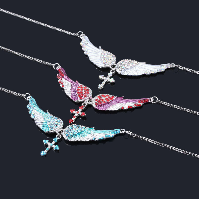 Christianartworkshop 3 Color Angel Wings Cross Shiny Stone Necklace