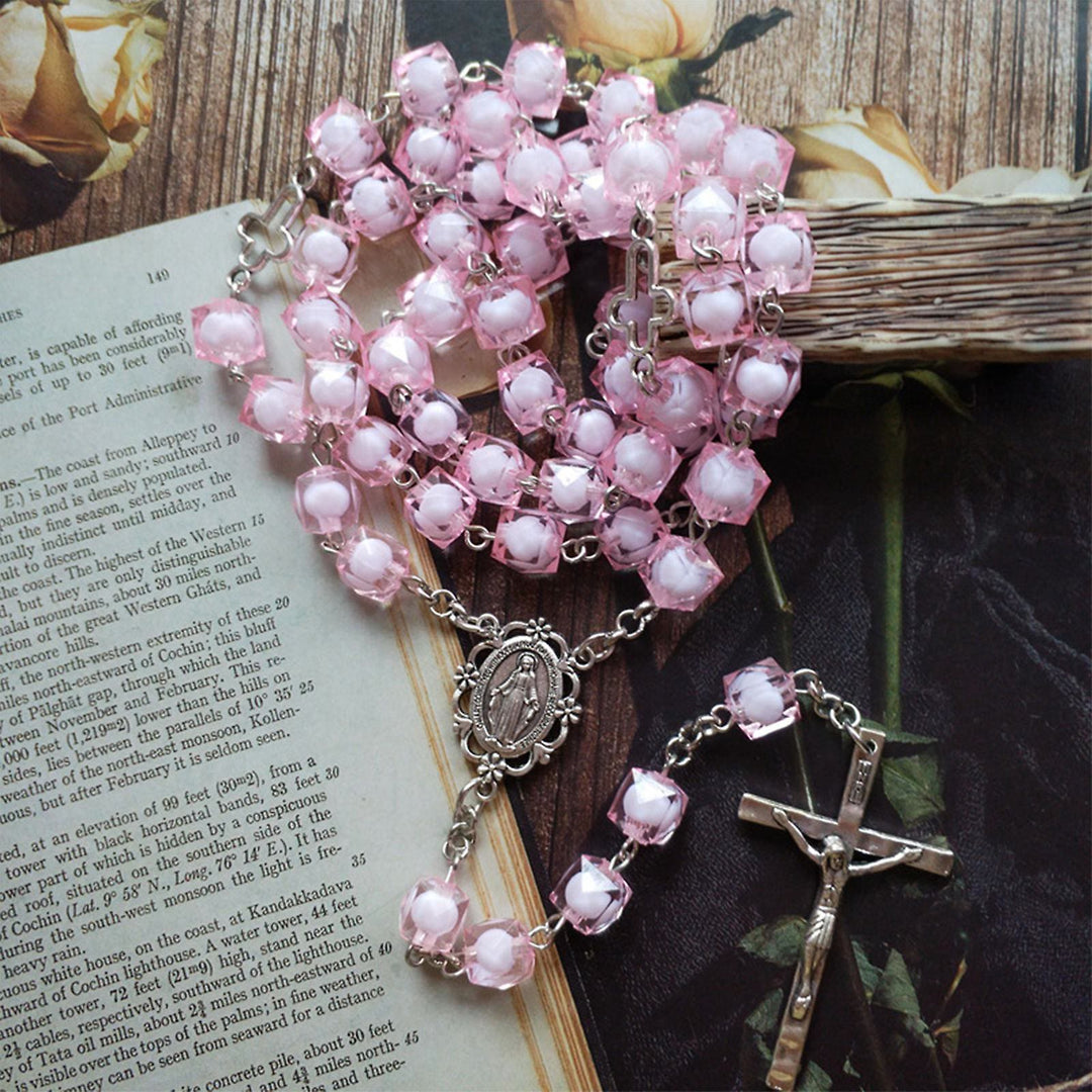 Christianartworkshop Miraculous Medal & Crucifix of 8 mm Square Pink Acrylic Alloy Chain Rosary