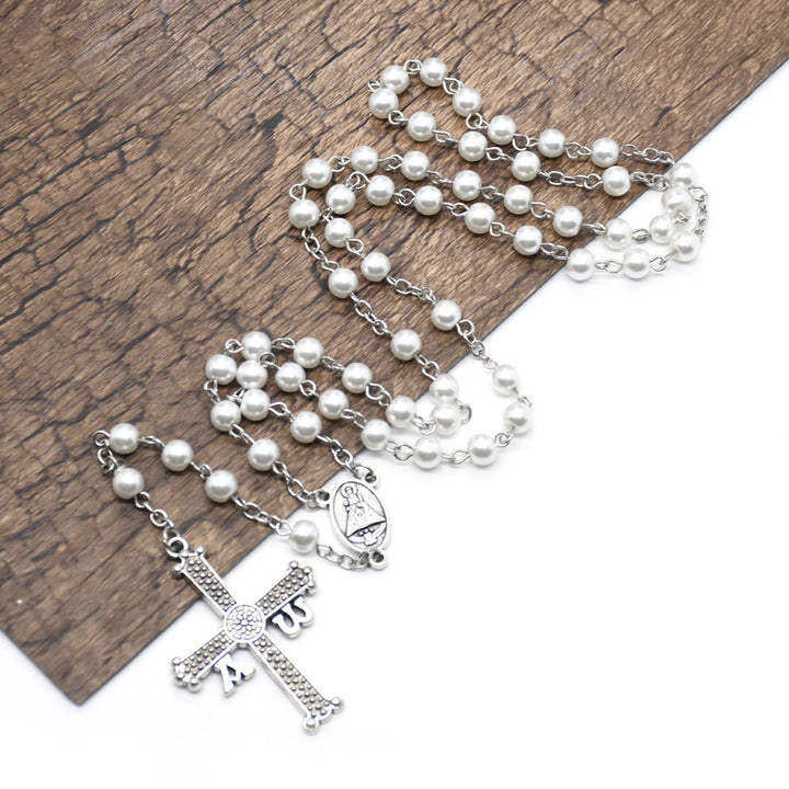 Christian Art San Juan del Valle Medal & Cross of 6 mm Round White Glass Alloy Chain Rosary