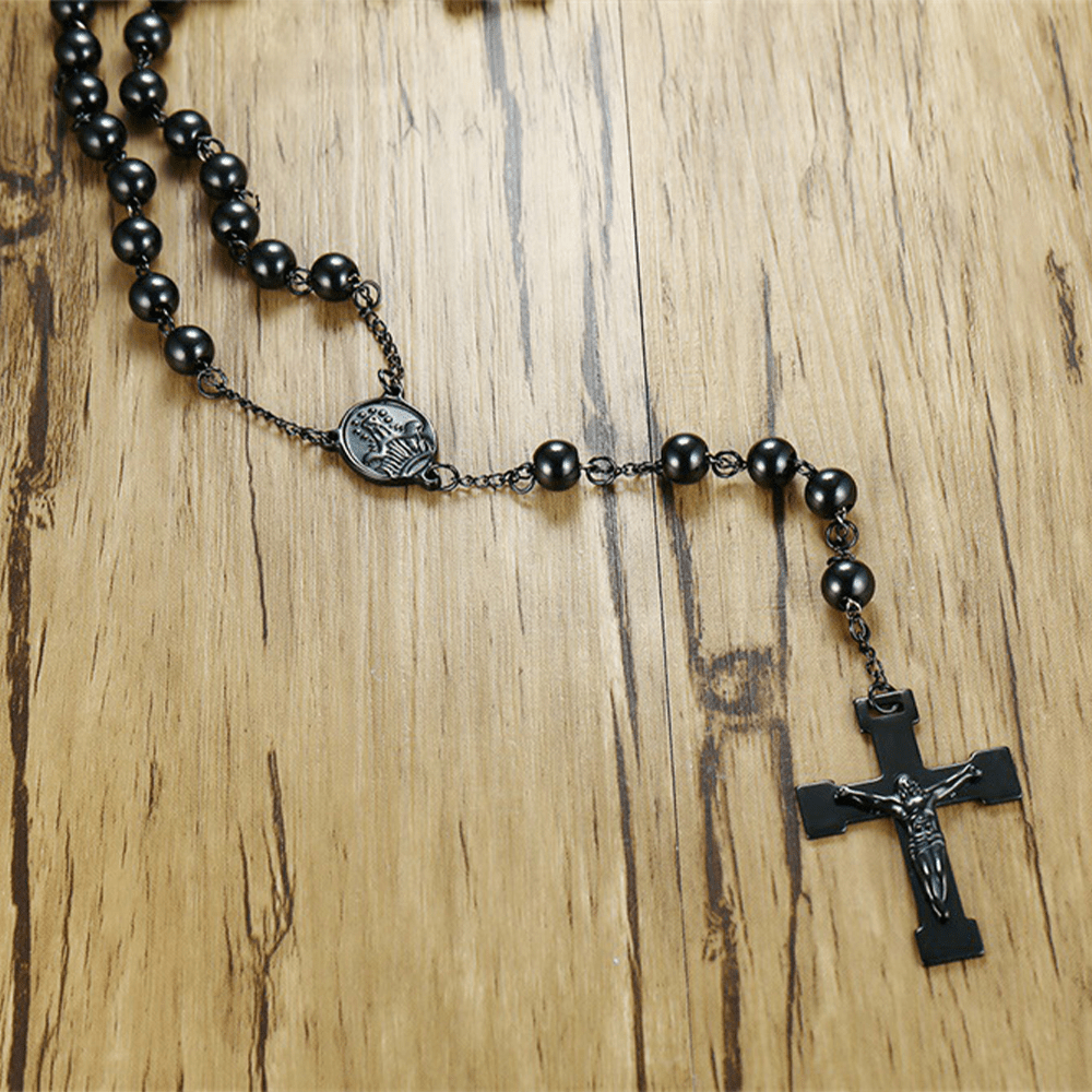 Christian Art Our Lady of Grace & Crucifix of 8 mm Round Black Steel Ball Alloy Chain Rosary