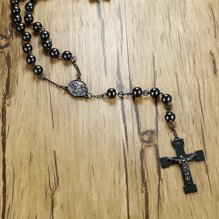 Christianartworkshop Our Lady of Grace & Crucifix of 8 mm Round Black Steel Ball Alloy Chain Rosary