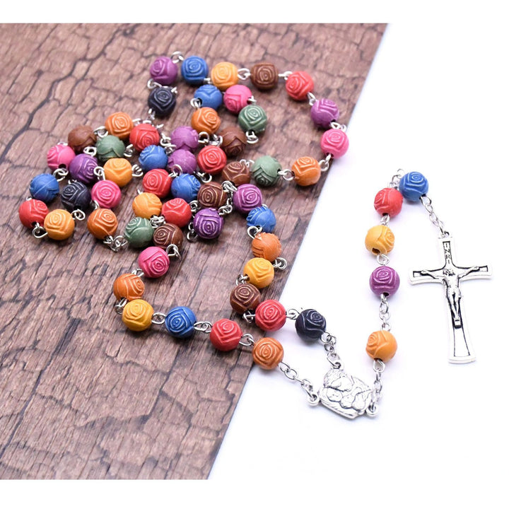 Holy Family Jesus Cross Rose Colored Beads Rosary