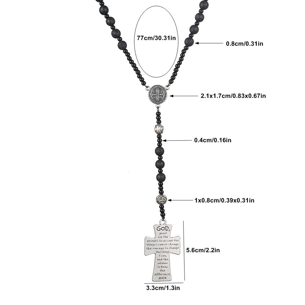 Christianartworkshop St. Benedict Medal & Cross of 8 mm Round Black Volcanic Stone Nylon Cord Rosary