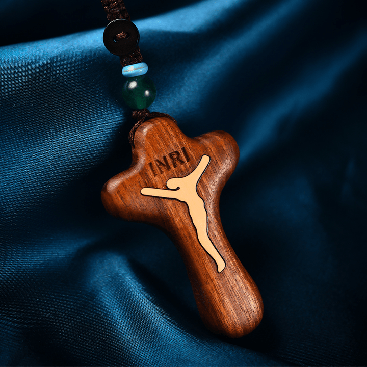 Rosewood Inlaid Boxwood Cross Pendant Necklace