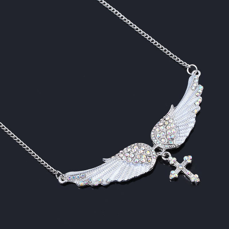 3 Color Angel Wings Cross Shiny Stone Necklace