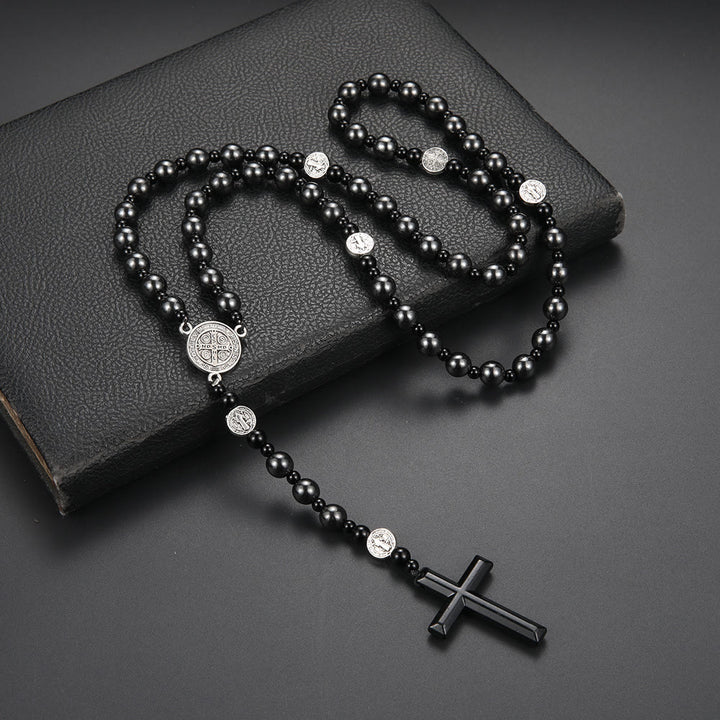 Christianartworkshop St. Benedict Medal & Cross of 8 mm Round Black Multi-material Nylon Cord Rosary