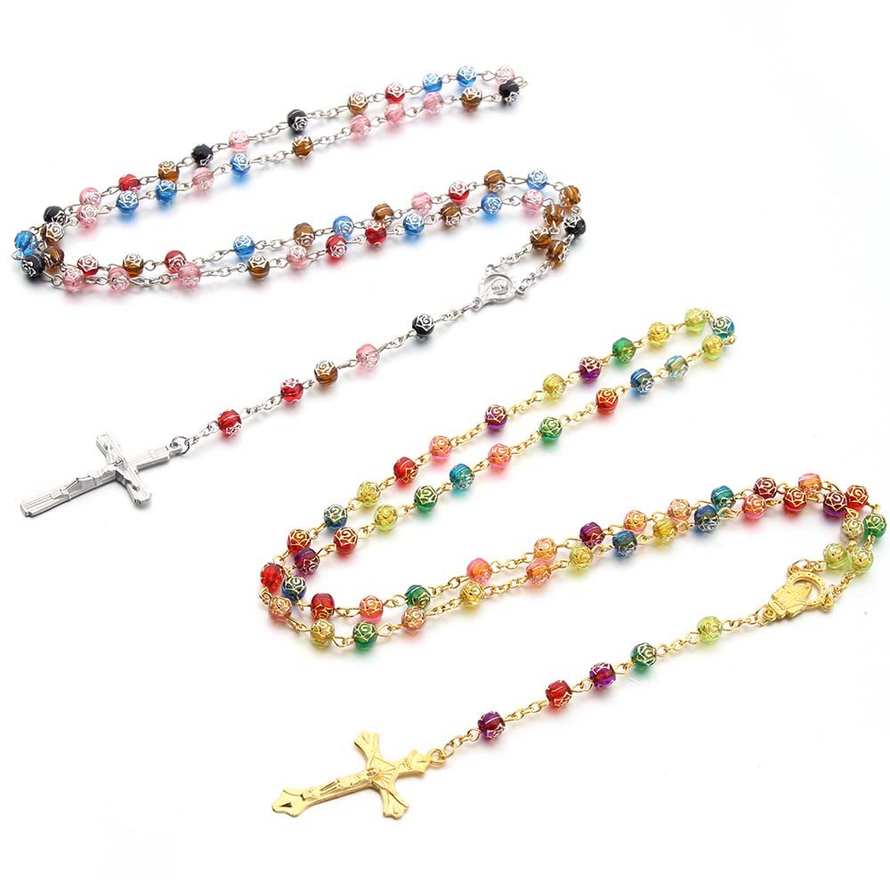 Two-tone Rose Shaped Multicolored Beads Rosary