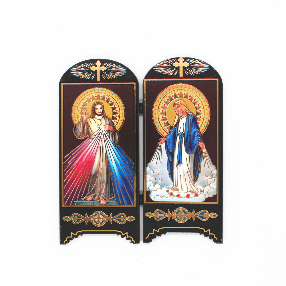 Christian Art Classic Style Brown Wood Board 7 Holy Icons Plaque Flat Desktop Ornaments