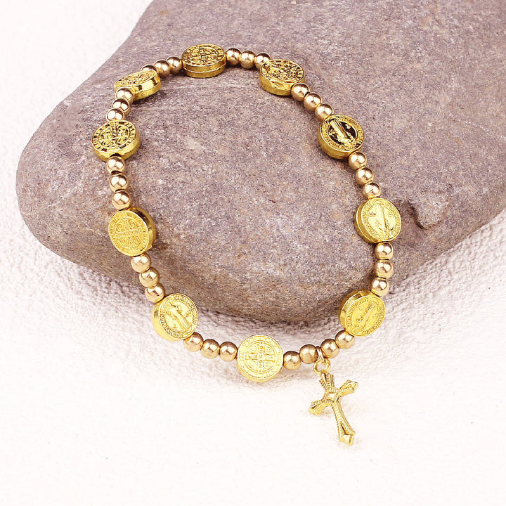 Christianartworkshop Gold-tone St. Benedict Cross Stretch Bracelet