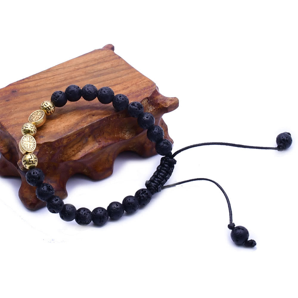 Volcanic Stone Beads St. Benedict Icon Wrist Chain Bracelet