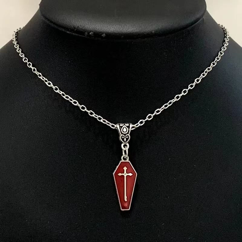 Christian Art Gothic Style Red Enamel Halloween Vampire Coffin Cross Necklace