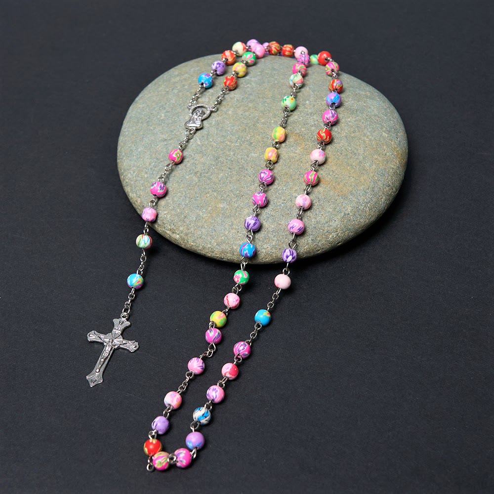 Discount Today: Christian Art Our Lady of Guadalupe & Crucifix of 6 mm Round Multicolor Polymer Clay Alloy Chain Rosary