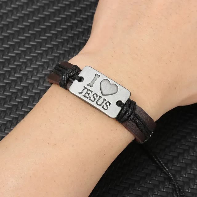 Christianartworkshop "I Love Jesus"  Jewelry Cross Adjustable Leather Bracelet