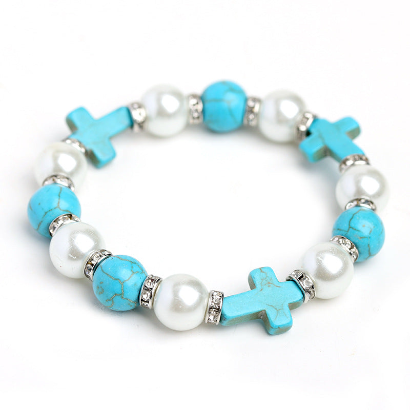Pearl & Turquoise Cross Healing Energy Bracelet