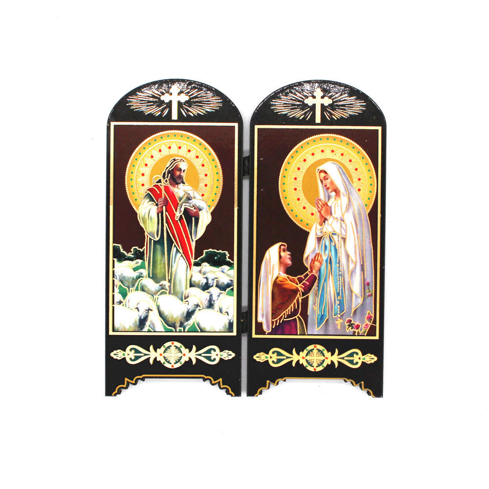 Christian Art Classic Style Brown Wood Board 7 Holy Icons Plaque Flat Desktop Ornaments