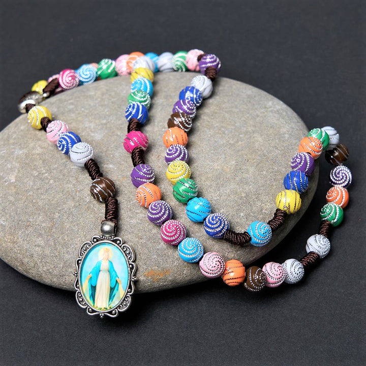 Christian Art Holy Grail & Miraculous Medal of 8 mm Round Multicolor Acrylic Nylon Cord Rosary