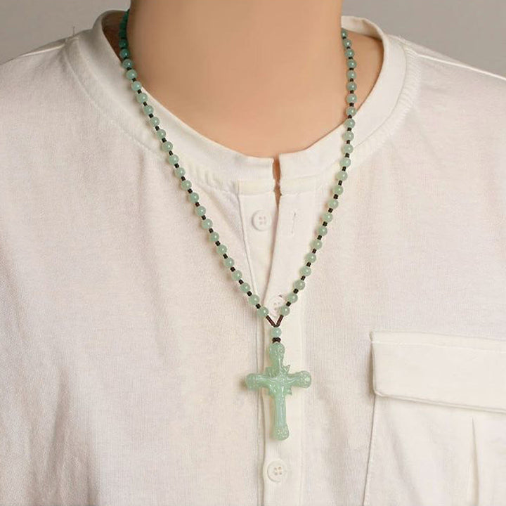 Christian Art Classic Style Hetian Jade Clear Water Material Crucifix Round Bead Necklace