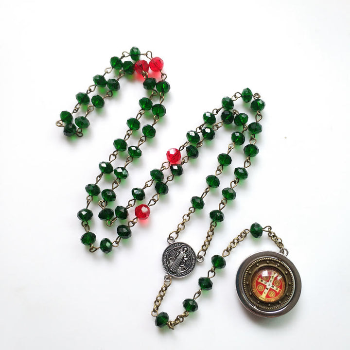 Discount Today: St. Benedict Medal of 6*8 mm Polyhedron Green Crystal Alloy Chain Rosary