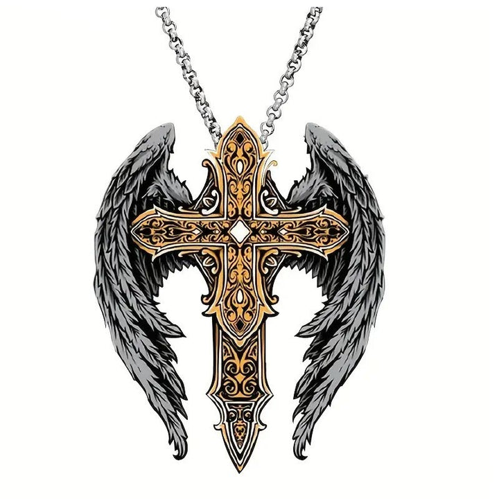 Christianartworkshop Heavy Style Protection Wings & Crafted Cross Alloy Necklace