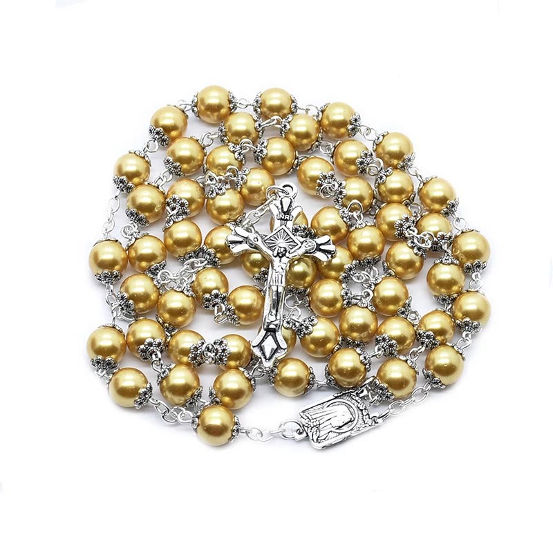Golden Pearl Beads Rosary with Crucifix