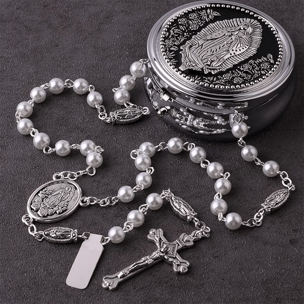 Catholic Our Lady of Guadalupe White Beads Rosary