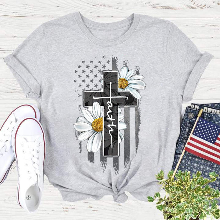 Christianartworkshop Fresh Style Heavenly Jesus Cross American Sunflower Short Sleeve Washed T-shirt